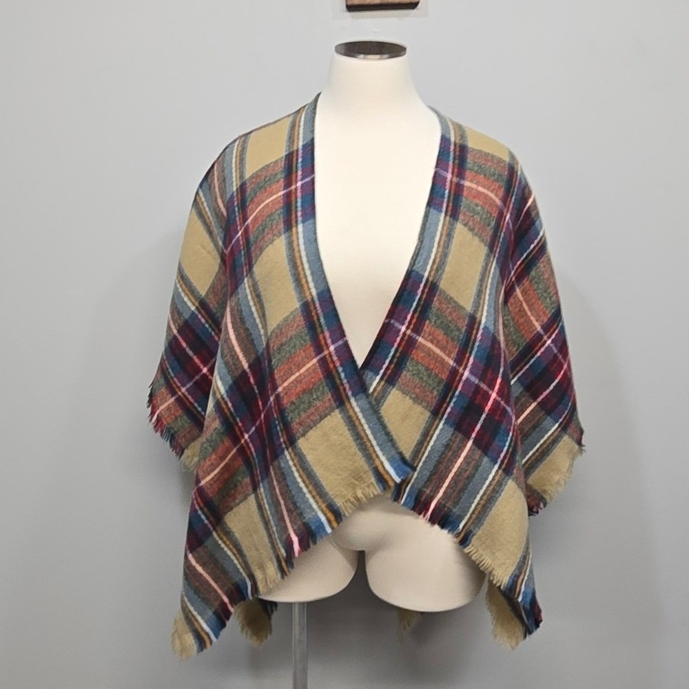 Anthropologie Look By M Tartan Plaid Fringe Ruana Cape Wrap Boho Western Cottage